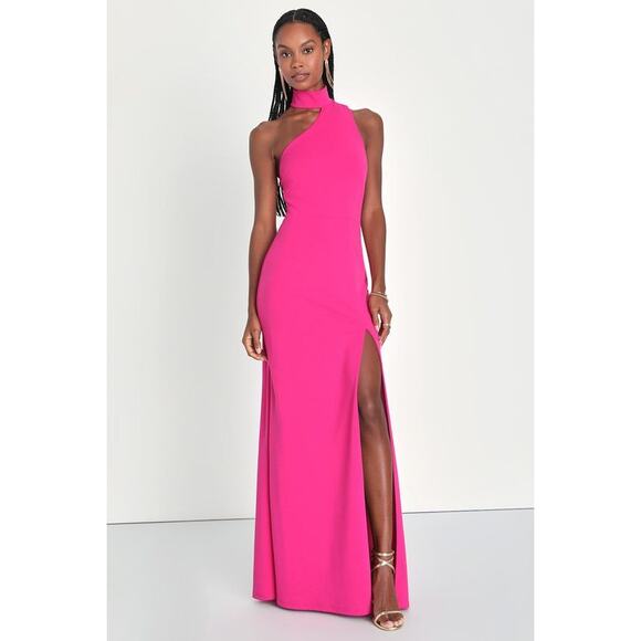 Lulus Dresses & Skirts - Lulus Keep It Interesting Asymmetrical Cutout Halter Maxi Dress Hot Pink Size S